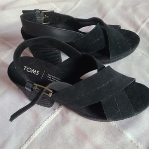 Tom's Black Suede Wedge Sandals